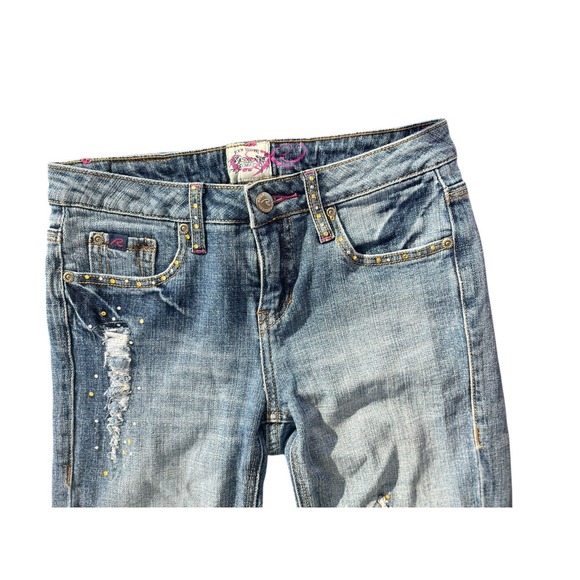 Vtg Y2K Request Distressed Rhinestone Embellish Light Wash Blue Jean 26 Dopamine - Picture 3 of 9